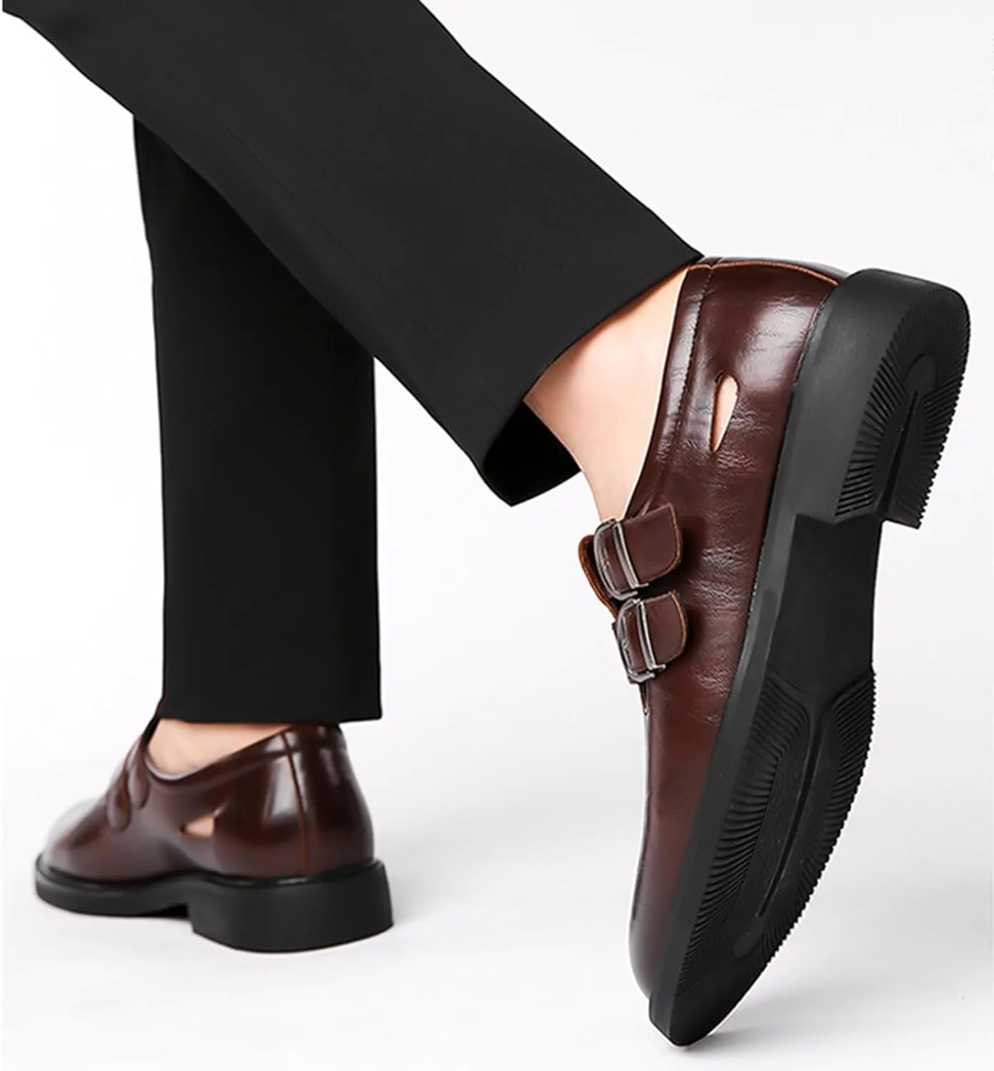 Men's Leather Hollow Oxfords Loafers with Double Buckle Fashion Closed Toe Low Top Slip On Dress Shoes Summer Breathable Business Formal Derby Shoes
