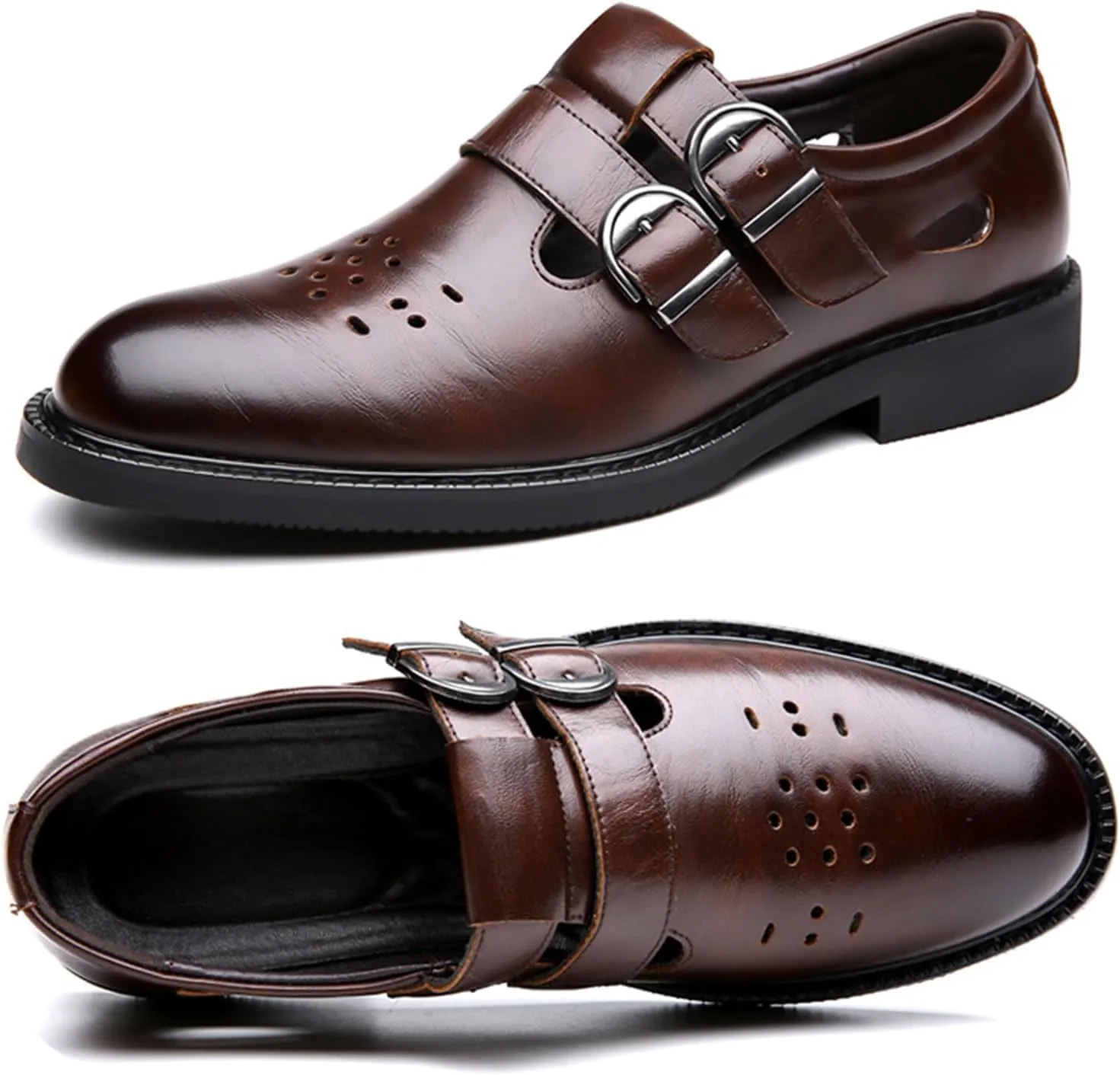 Men's Leather Hollow Oxfords Loafers with Double Buckle Fashion Closed Toe Low Top Slip On Dress Shoes Summer Breathable Business Formal Derby Shoes