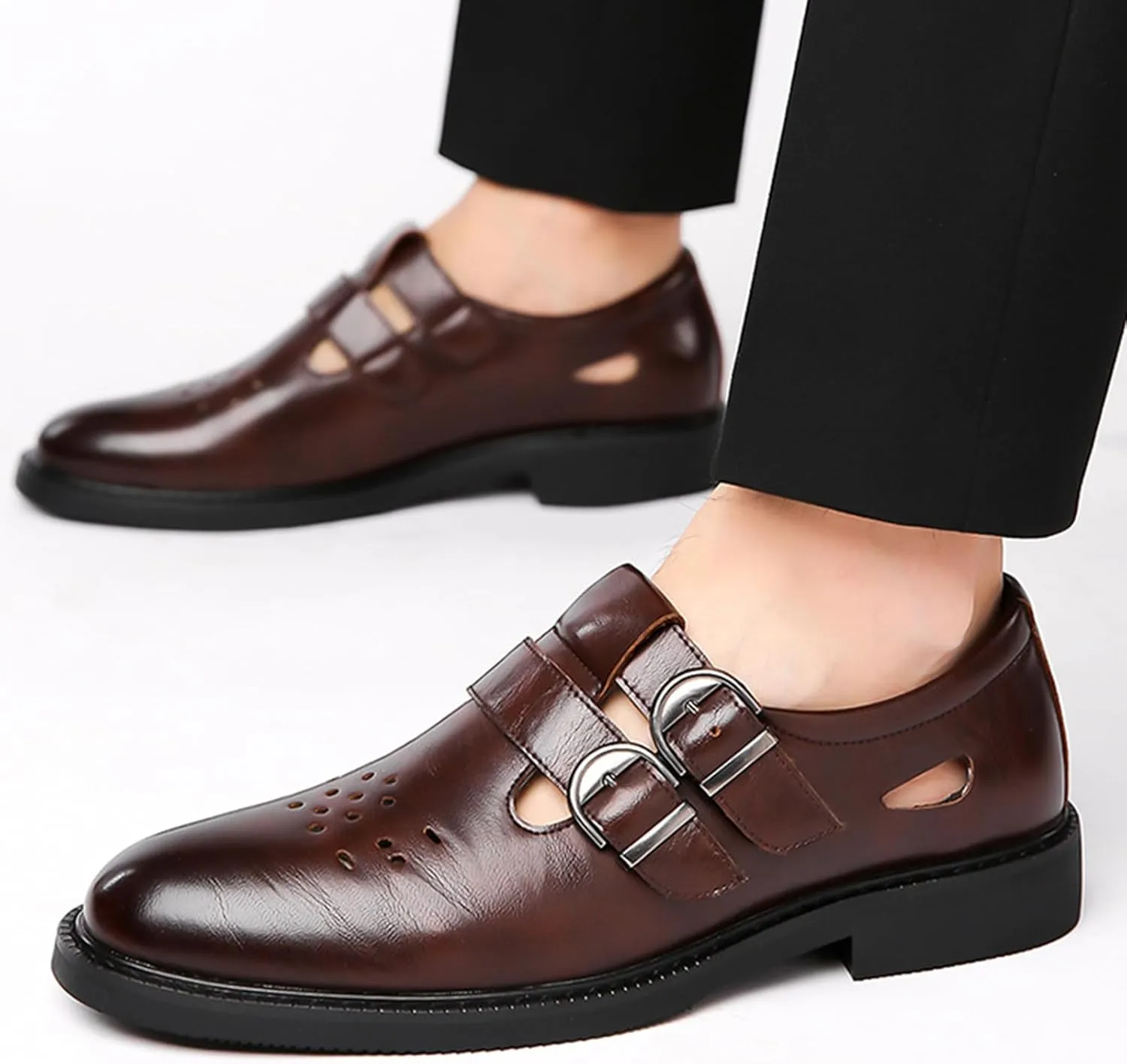 Men's Leather Hollow Oxfords Loafers with Double Buckle Fashion Closed Toe Low Top Slip On Dress Shoes Summer Breathable Business Formal Derby Shoes