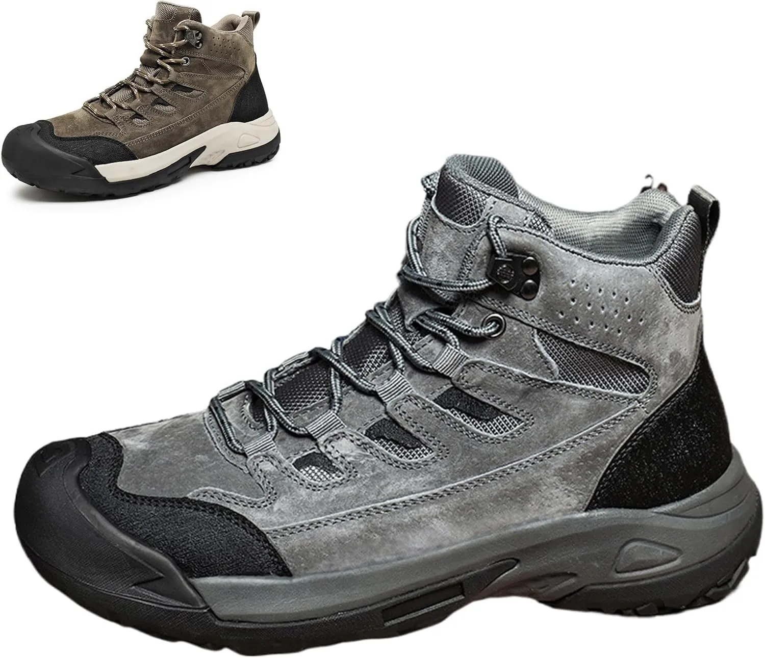 Men's Leather Suede Waterproof Hiking Ankle Boots Fall Winter Breathable Non-Slip Round Toe Lace-up Lug Sole Outdoor Chukka Boots for Walking Working Daily Wear