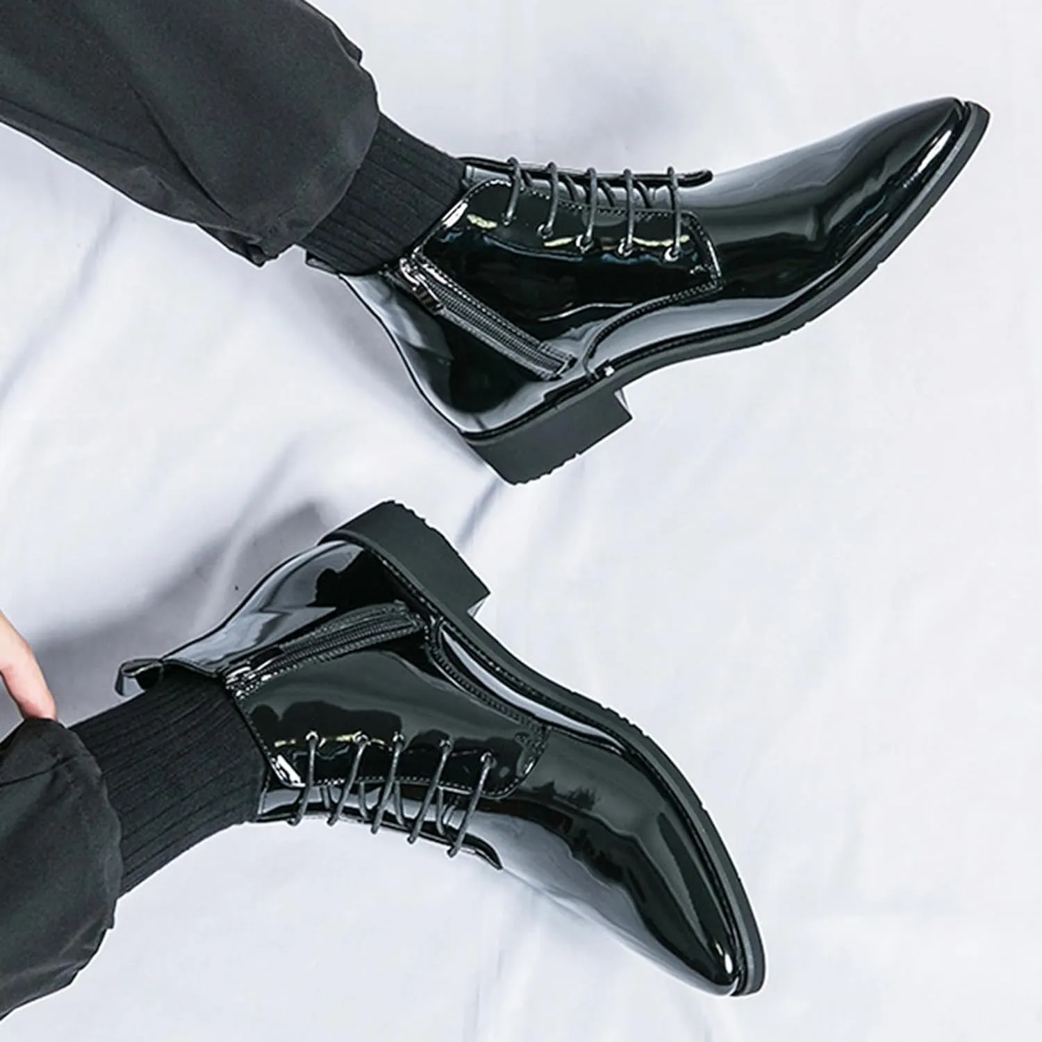 Men's Patent Leather Dress Oxfords Boots Fashion Pointed Toe Lace Up Side Zipper Shiny Ankle Boots Classic Luxury High Top Business Formal Derby Shoes