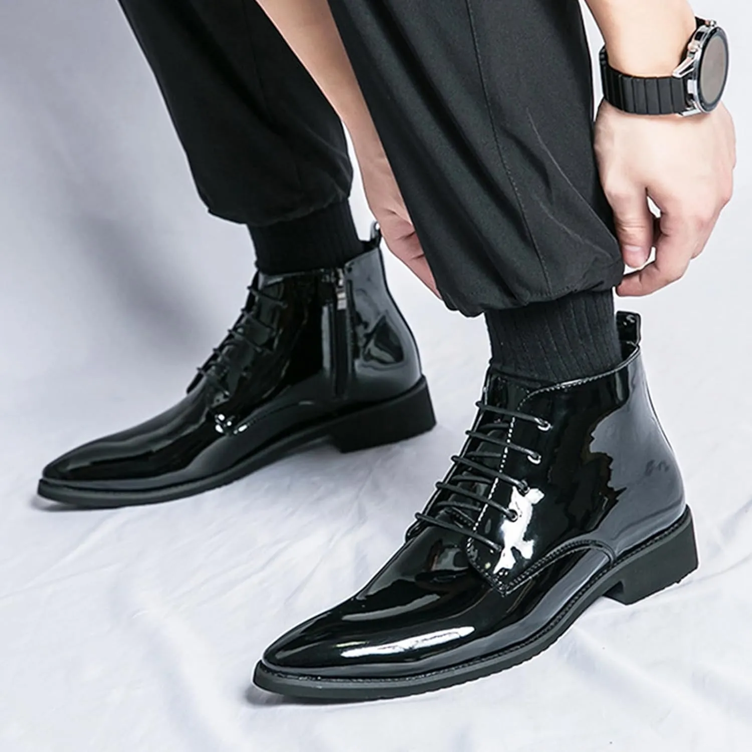Men's Patent Leather Dress Oxfords Boots Fashion Pointed Toe Lace Up Side Zipper Shiny Ankle Boots Classic Luxury High Top Business Formal Derby Shoes