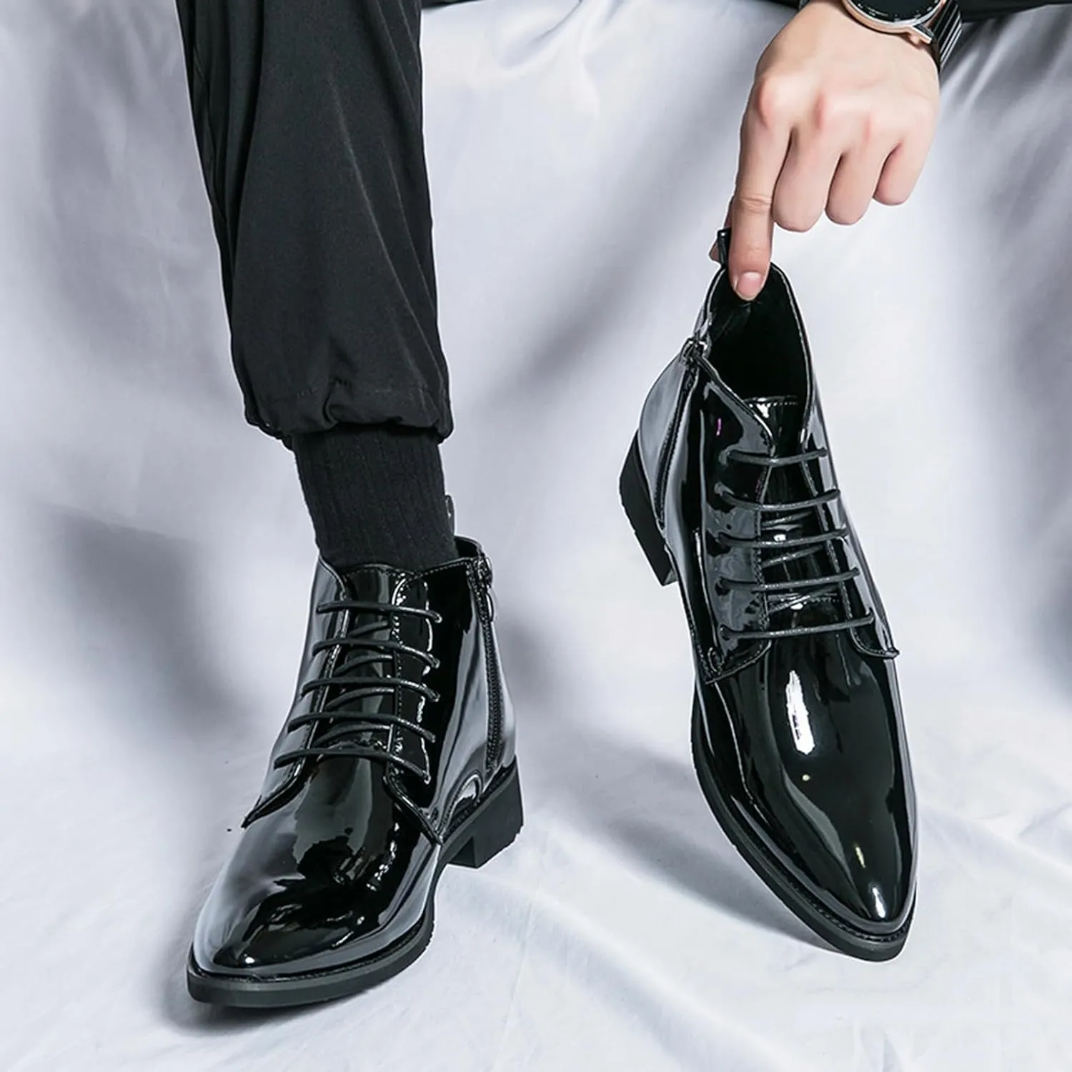 Men's Patent Leather Dress Oxfords Boots Fashion Pointed Toe Lace Up Side Zipper Shiny Ankle Boots Classic Luxury High Top Business Formal Derby Shoes