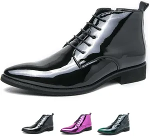 Men's Patent Leather Dress Oxfords Boots Fashion Pointed Toe Lace Up Side Zipper Shiny Ankle Boots Classic Luxury High Top Business Formal Derby Shoes