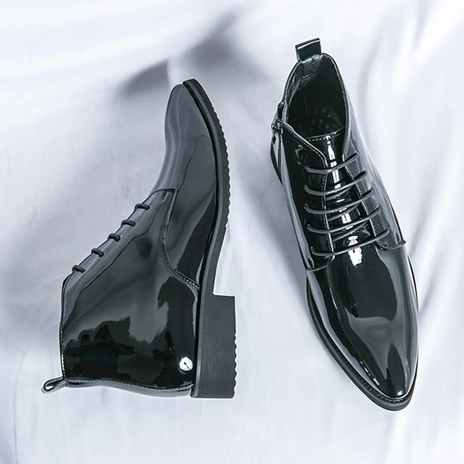 Men's Patent Leather Dress Oxfords Boots Fashion Pointed Toe Lace Up Side Zipper Shiny Ankle Boots Classic Luxury High Top Business Formal Derby Shoes