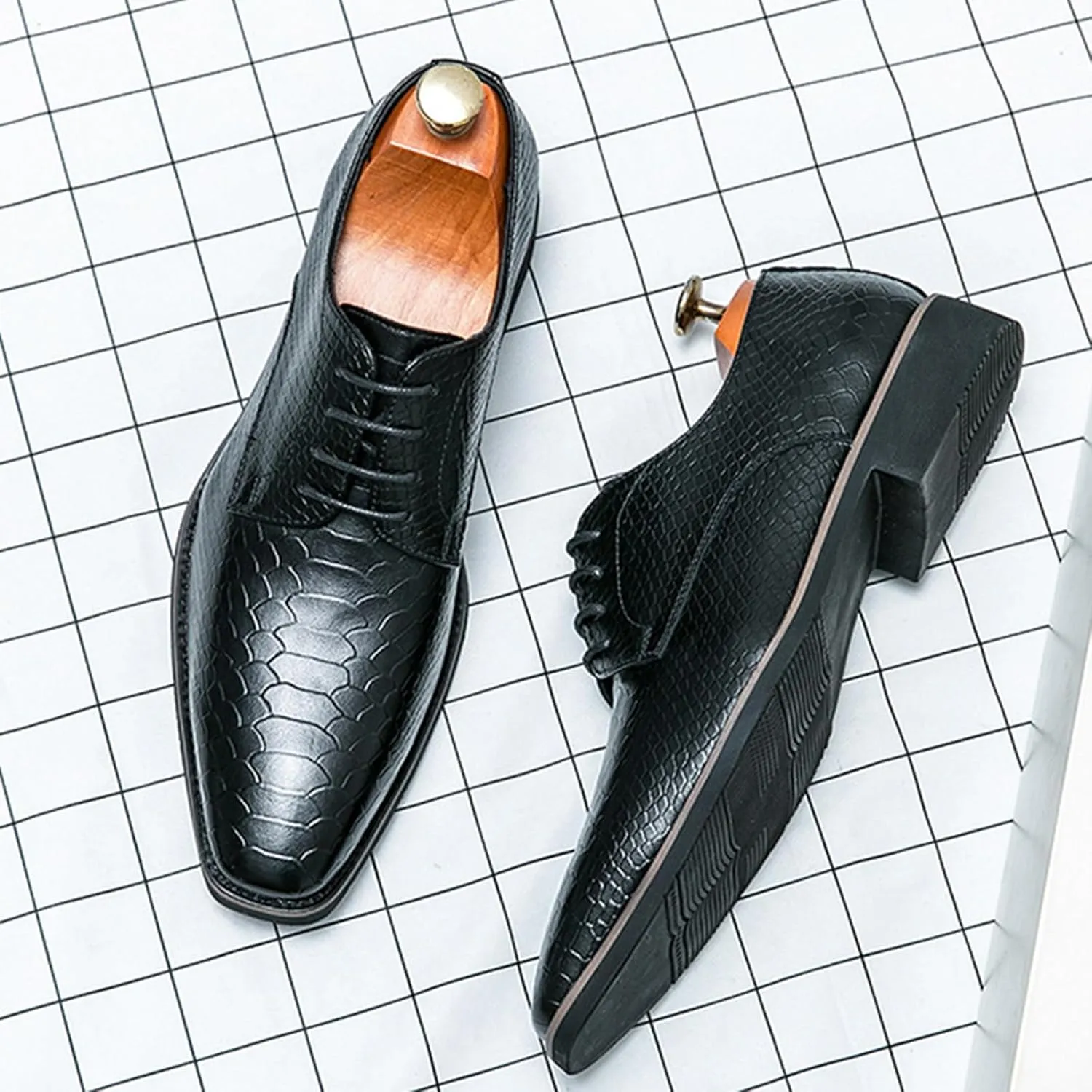 Men's Pattern Oxfords Dress Shoes Fashion Square-Toe Lace up Low Top Leather Formal Shoes Classic Business Derby Shoes