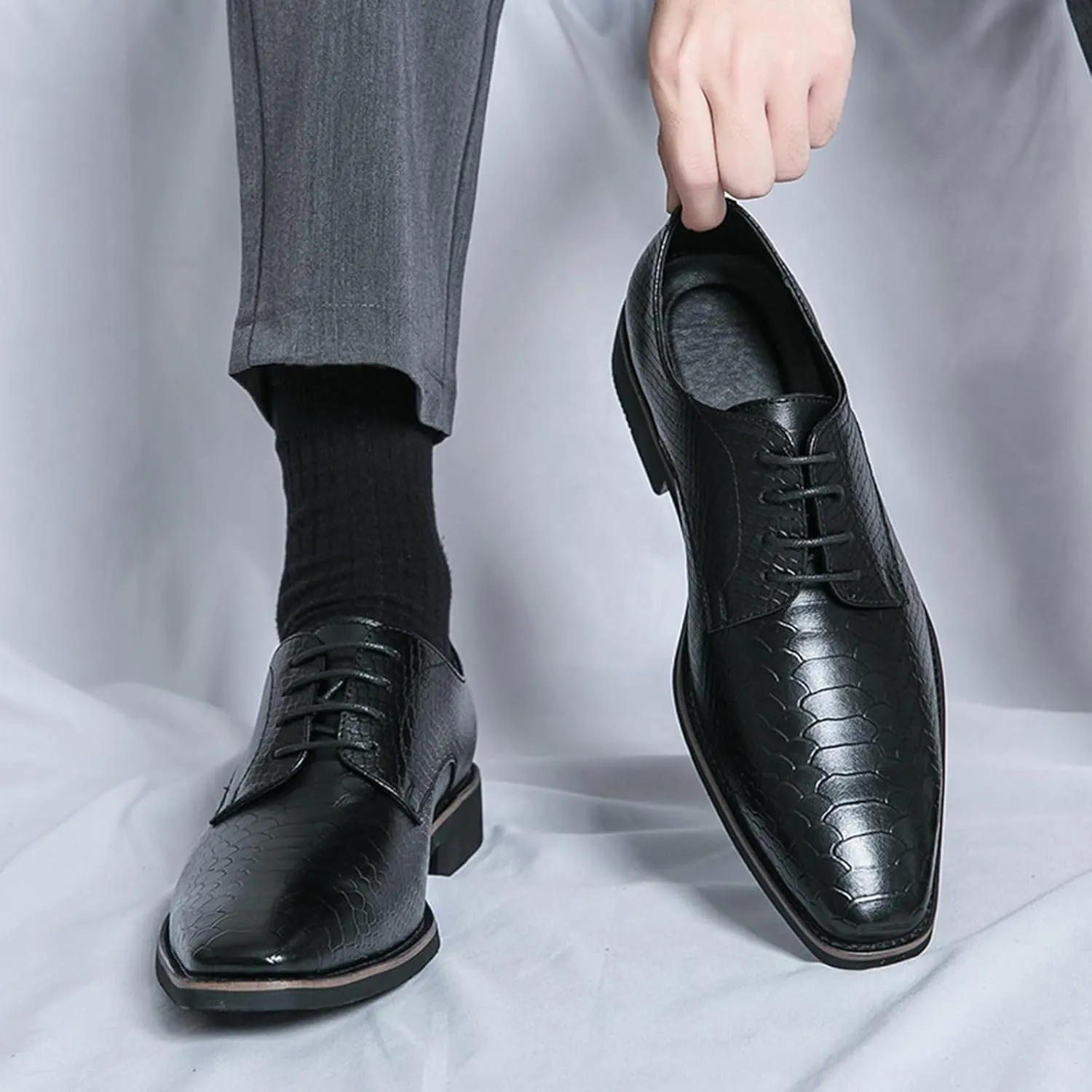 Men's Pattern Oxfords Dress Shoes Fashion Square-Toe Lace up Low Top Leather Formal Shoes Classic Business Derby Shoes