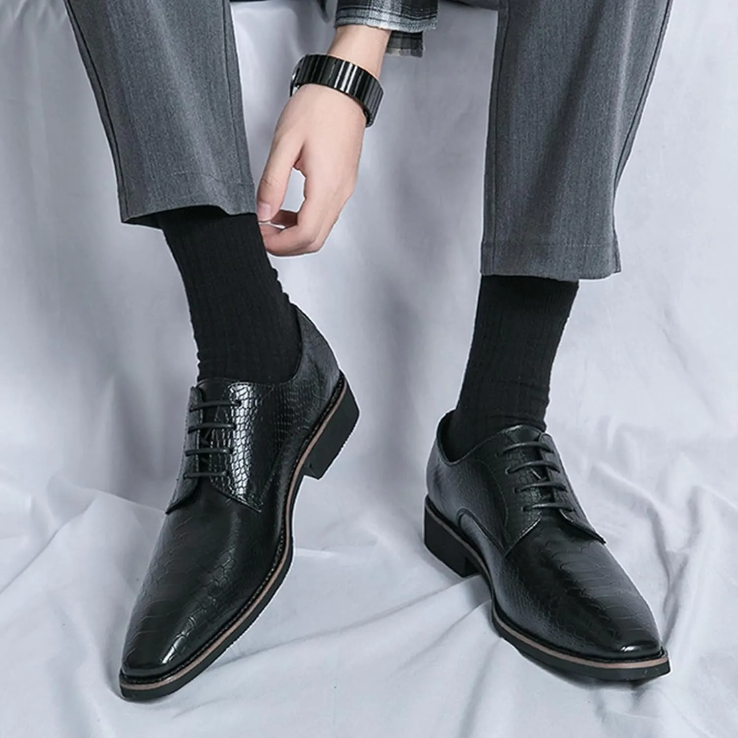 Men's Pattern Oxfords Dress Shoes Fashion Square-Toe Lace up Low Top Leather Formal Shoes Classic Business Derby Shoes