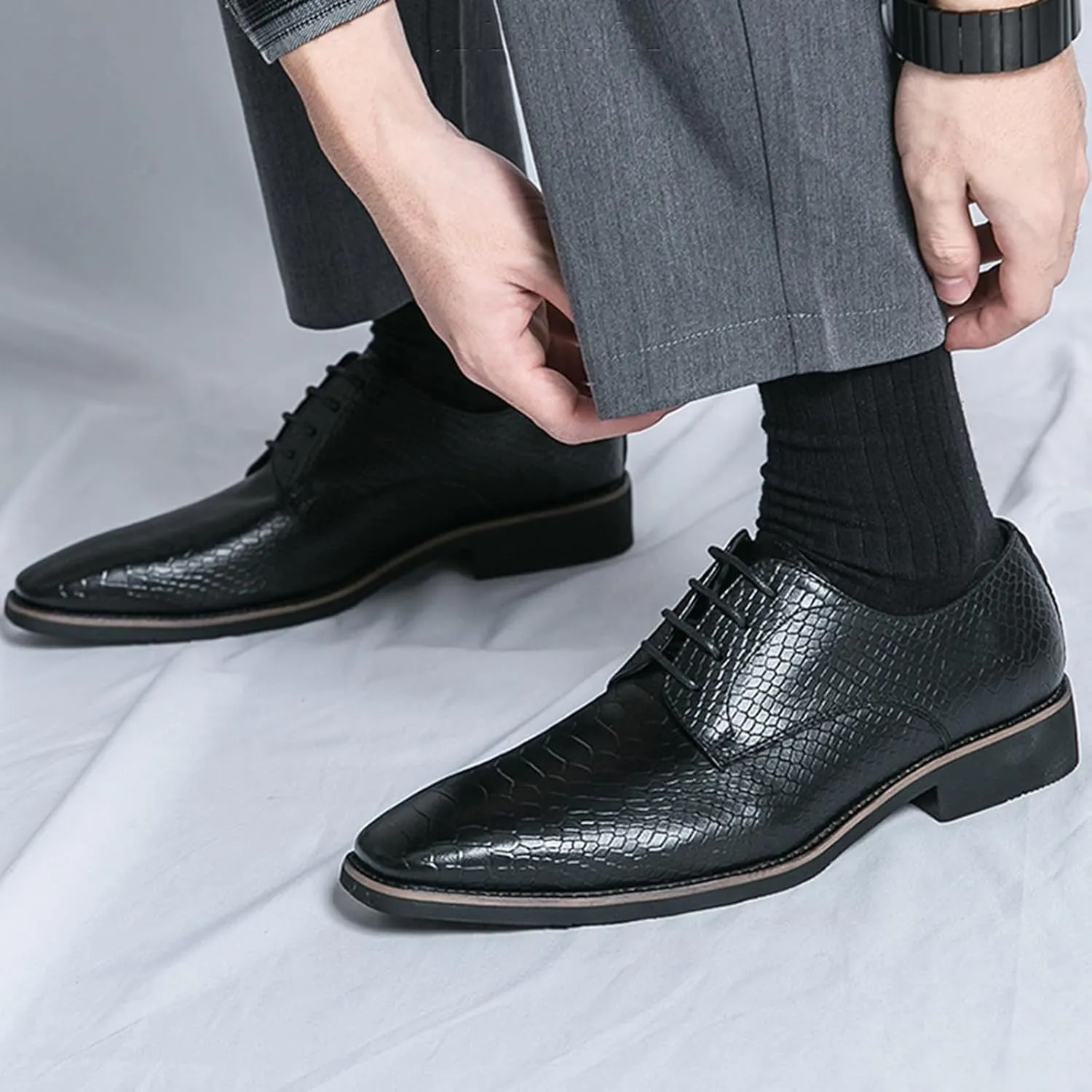 Men's Pattern Oxfords Dress Shoes Fashion Square-Toe Lace up Low Top Leather Formal Shoes Classic Business Derby Shoes