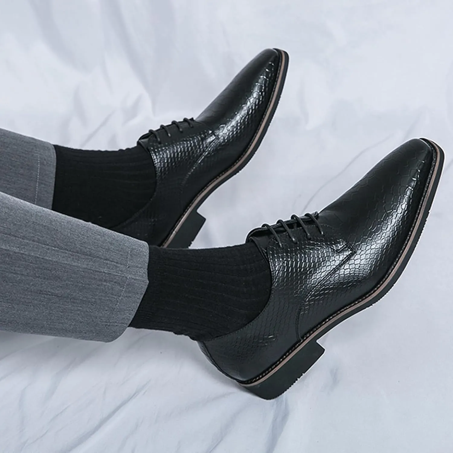 Men's Pattern Oxfords Dress Shoes Fashion Square-Toe Lace up Low Top Leather Formal Shoes Classic Business Derby Shoes