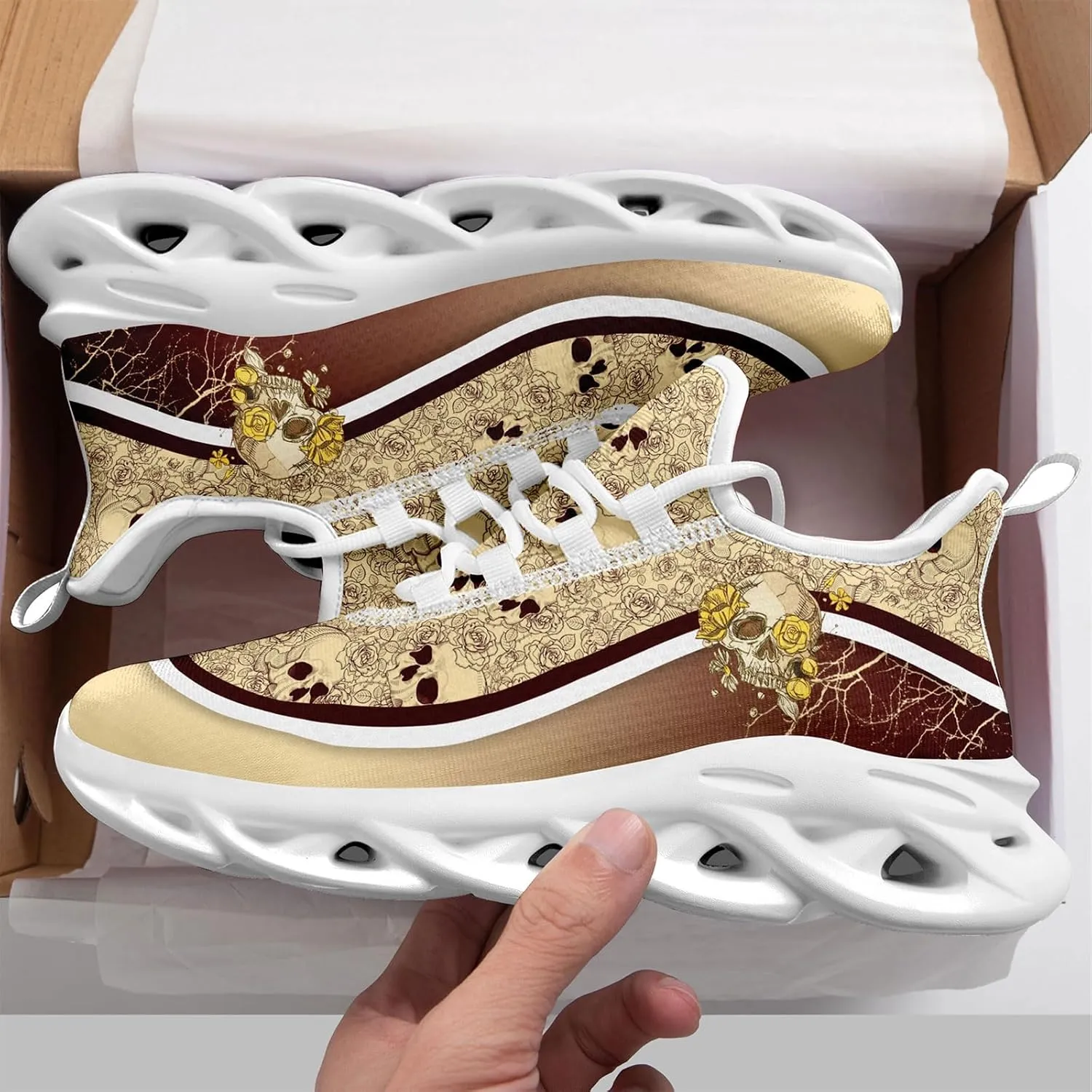 Men's Road Runnig Shoes Non-Slip Lightweight Fashion Skull Rose Walking Sneaker Athletic Cool Cushioned Sport Shoes for Women