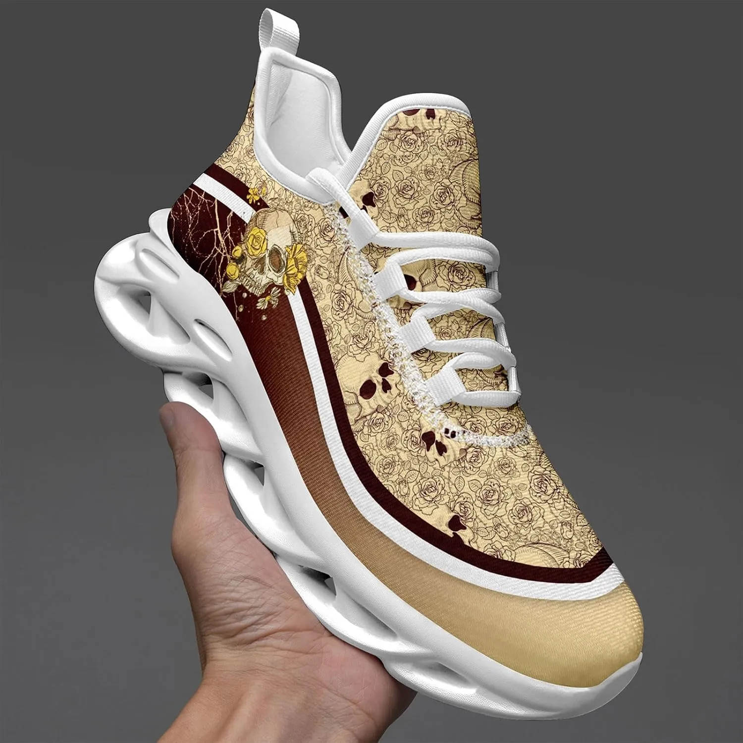 Men's Road Runnig Shoes Non-Slip Lightweight Fashion Skull Rose Walking Sneaker Athletic Cool Cushioned Sport Shoes for Women