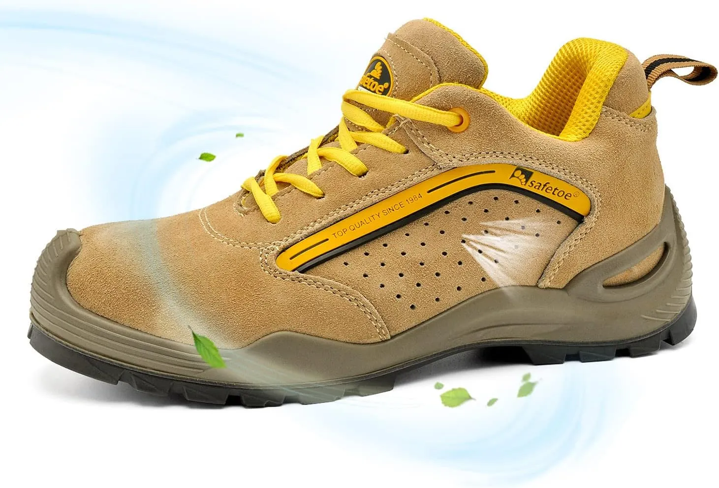 Mens Safety Shoes [ASTM F2413] Lightweight Cow Leather Steel Toe Work Shoes for Heavy Duty Construction Work Wide Fit Non Slip Beige