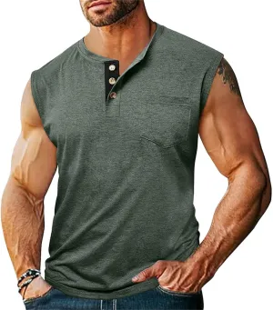 Mens Slim Fit Muscle Tank Tops Sleeveless Round Neck Workout Gym Big and Tall Button up Henley Shirt Casual Basic