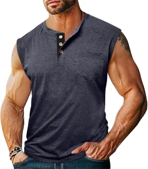 Mens Slim Fit Muscle Tank Tops Sleeveless Round Neck Workout Gym Big and Tall Button up Henley Shirt Casual Basic