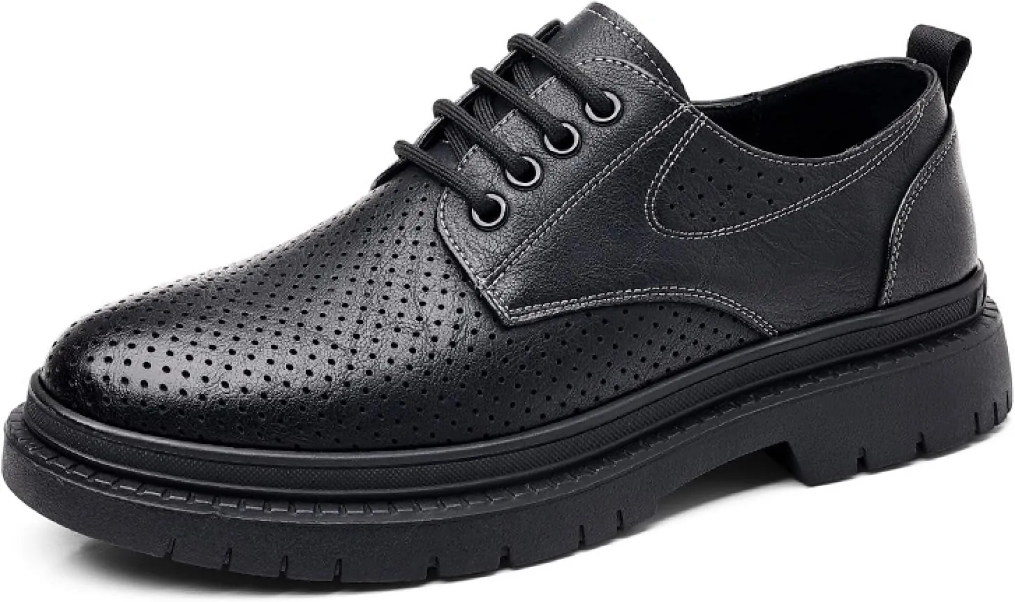 Men's Soft Leather Low Heel Lace Up Oxfords Classic Comfort Round Toe Low-Top Lug Soft Bottom Business Dress Derby Shoes Breathable Anti-Slip Work Office Casual Shoes