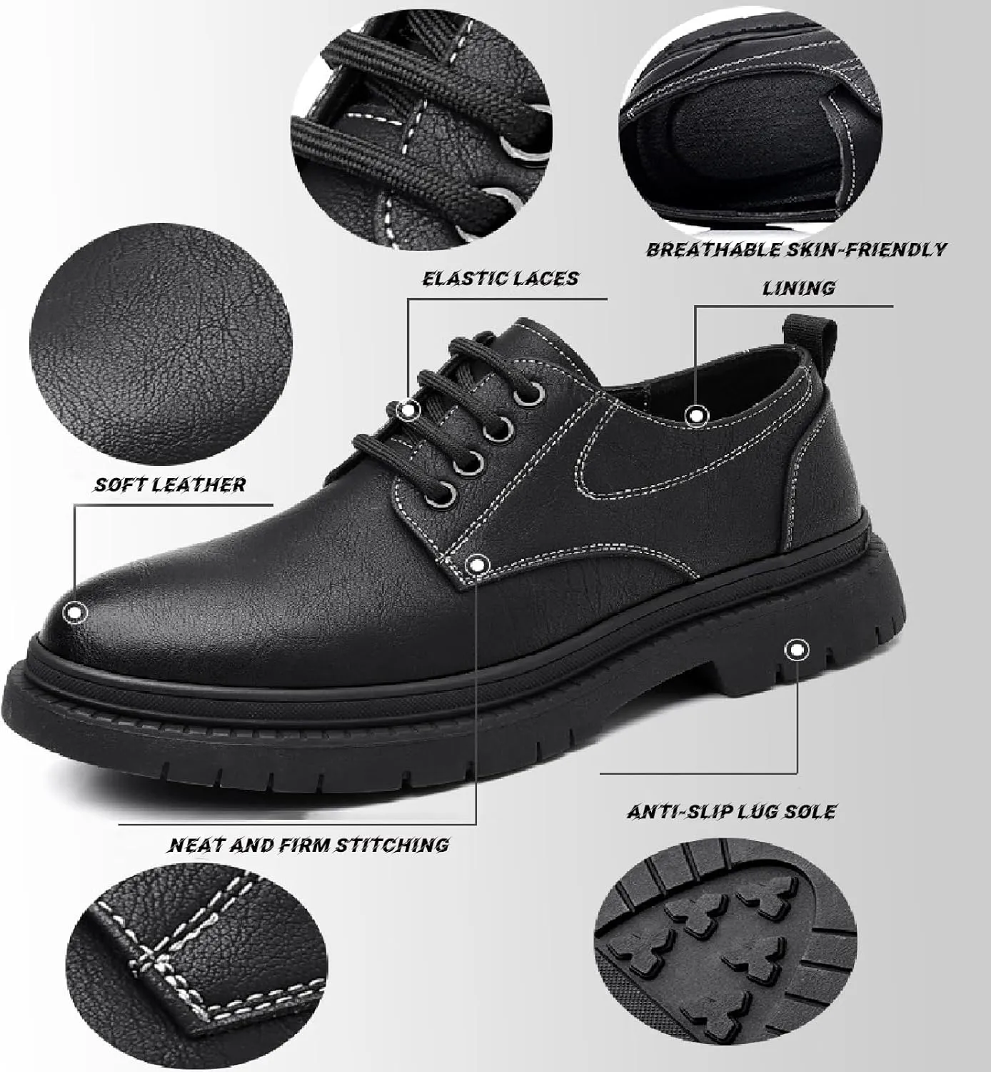 Men's Soft Leather Low Heel Lace Up Oxfords Classic Comfort Round Toe Low-Top Lug Soft Bottom Business Dress Derby Shoes Breathable Anti-Slip Work Office Casual Shoes