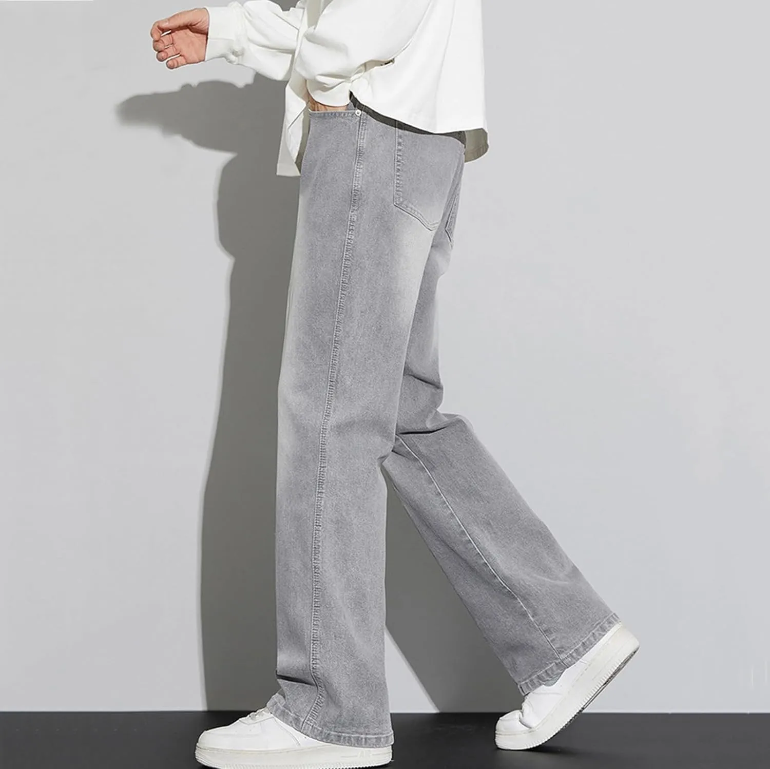 Mens Straight Leg Bootcut Jeans Stretch Mid Rise Relaxed Slim Fit Flared Jeans 90s Vintage Light Washed Denim Pants