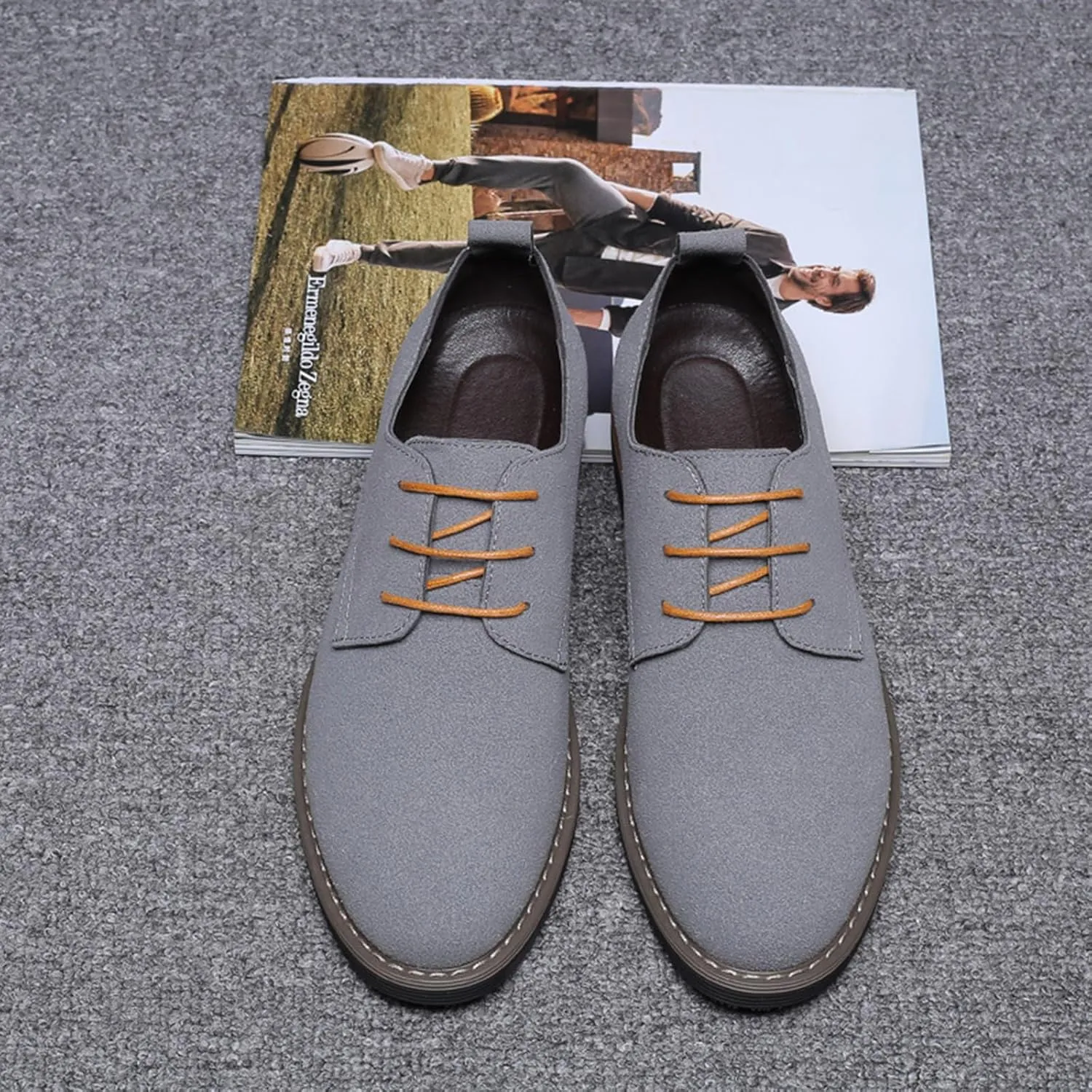 Men's Suede Dress Oxfords Shoes Fashion Hand Stitched Round-Toe Lace up Low Top Nubuck Leather Casual Shoes Classic Business Formal Derby Shoes