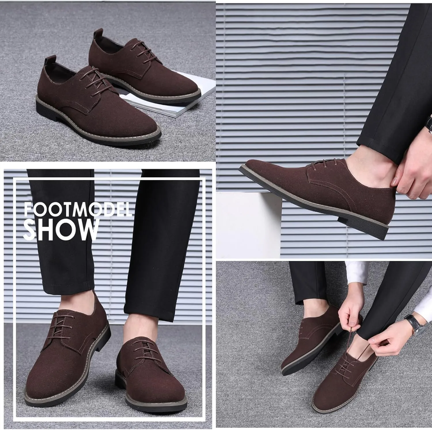 Men's Suede Dress Oxfords Shoes Fashion Hand Stitched Round-Toe Lace up Low Top Nubuck Leather Casual Shoes Classic Business Formal Derby Shoes