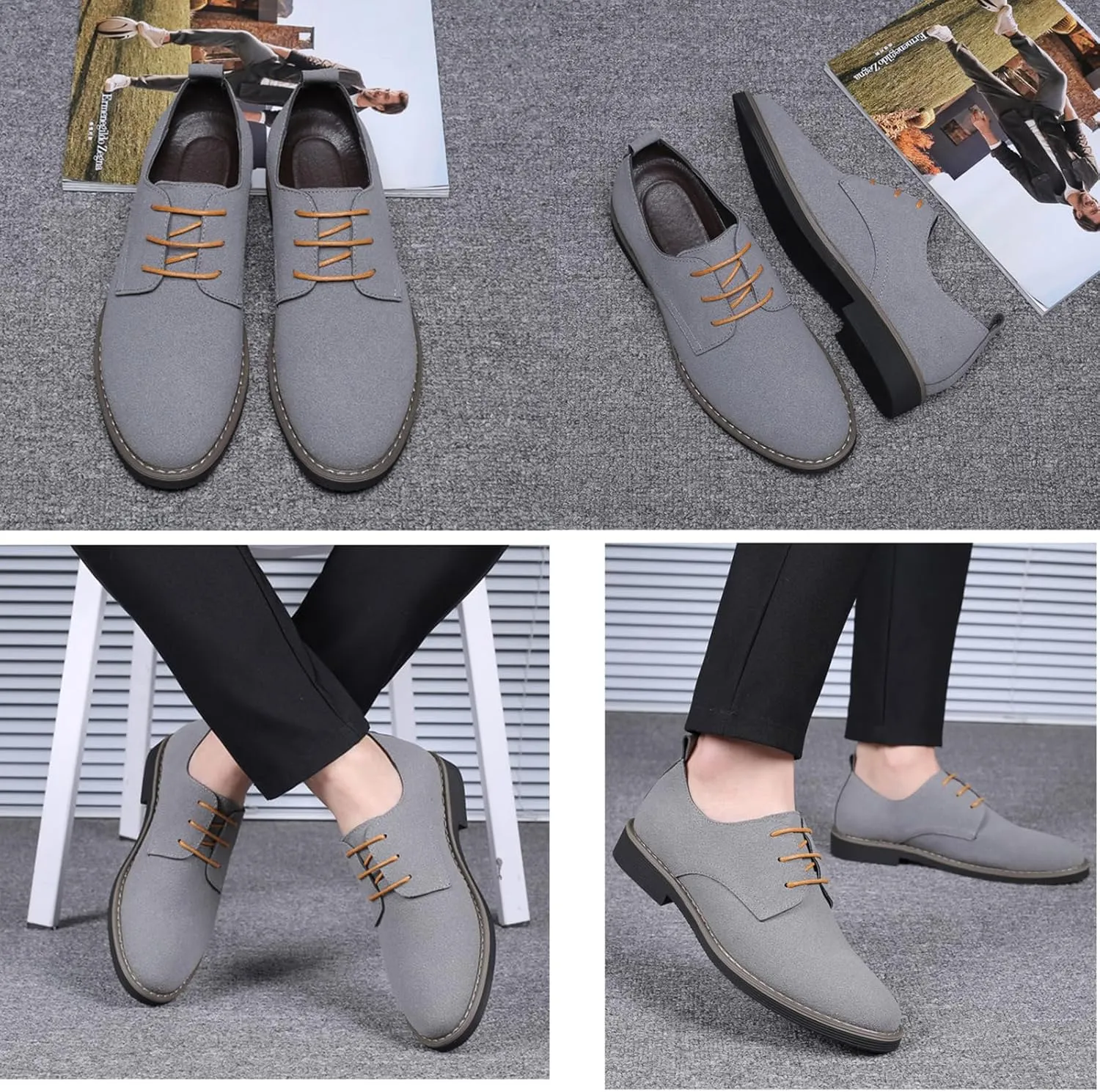Men's Suede Dress Oxfords Shoes Fashion Hand Stitched Round-Toe Lace up Low Top Nubuck Leather Casual Shoes Classic Business Formal Derby Shoes