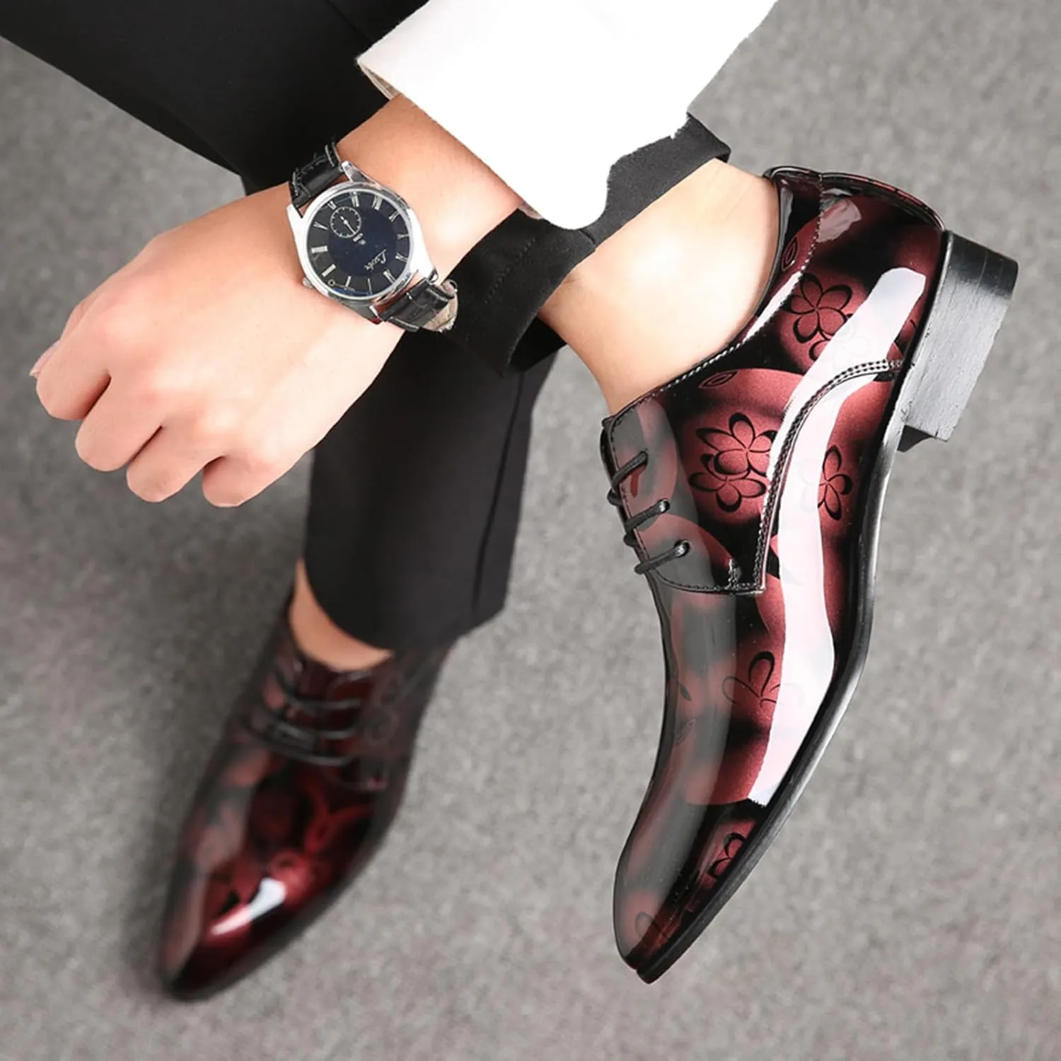 Men's Tuxedo Oxford Shoes Pointed-Toe Lace-up Patent Leather Formal Shoes Fashion Prom Wedding Dress Shoes for Men