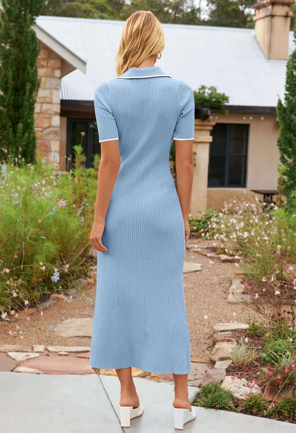 MEROKEETY Women's V Neck Ribbed Knit Maxi Dress Button Short Sleeve Slim Fit Bodycon Sweater Dress