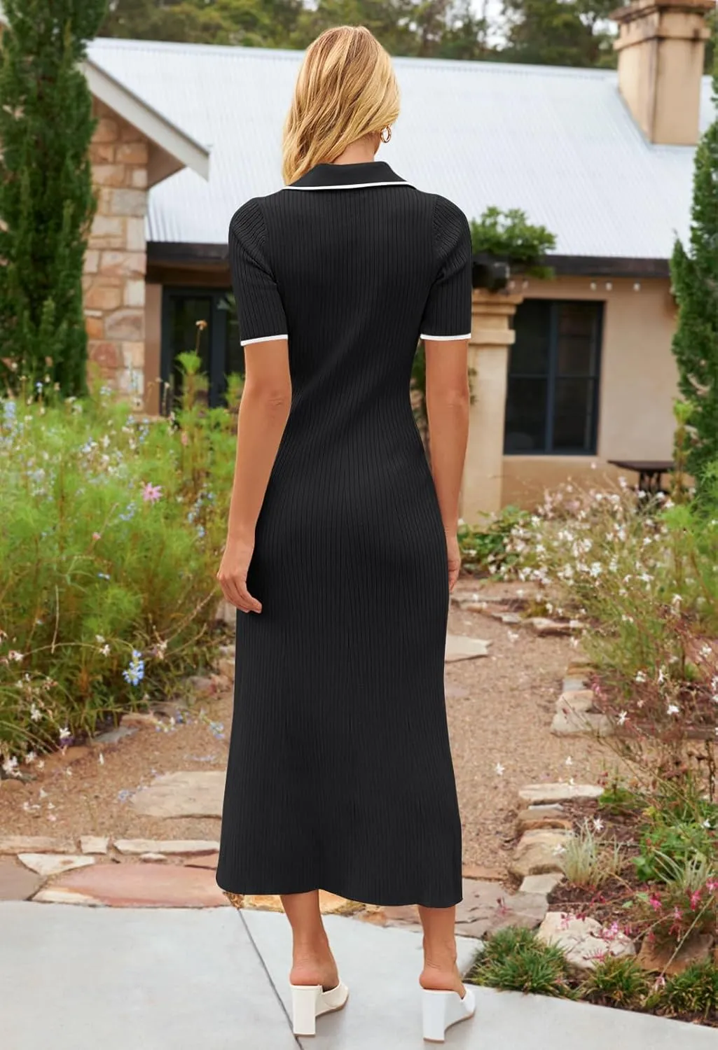 MEROKEETY Women's V Neck Ribbed Knit Maxi Dress Button Short Sleeve Slim Fit Bodycon Sweater Dress