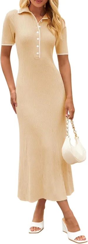 MEROKEETY Women's V Neck Ribbed Knit Maxi Dress Button Short Sleeve Slim Fit Bodycon Sweater Dress