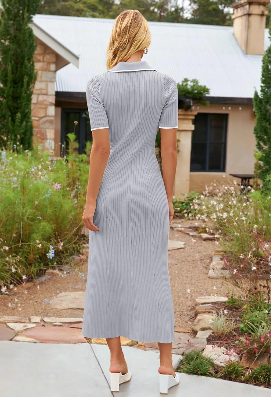 MEROKEETY Women's V Neck Ribbed Knit Maxi Dress Button Short Sleeve Slim Fit Bodycon Sweater Dress