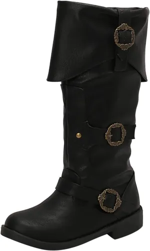 Mid Calf Boots for Women Vintage Foldover Pirate Costume Boots Goth Buckle Strap Leather Boots Stylish Cosplay Shoes