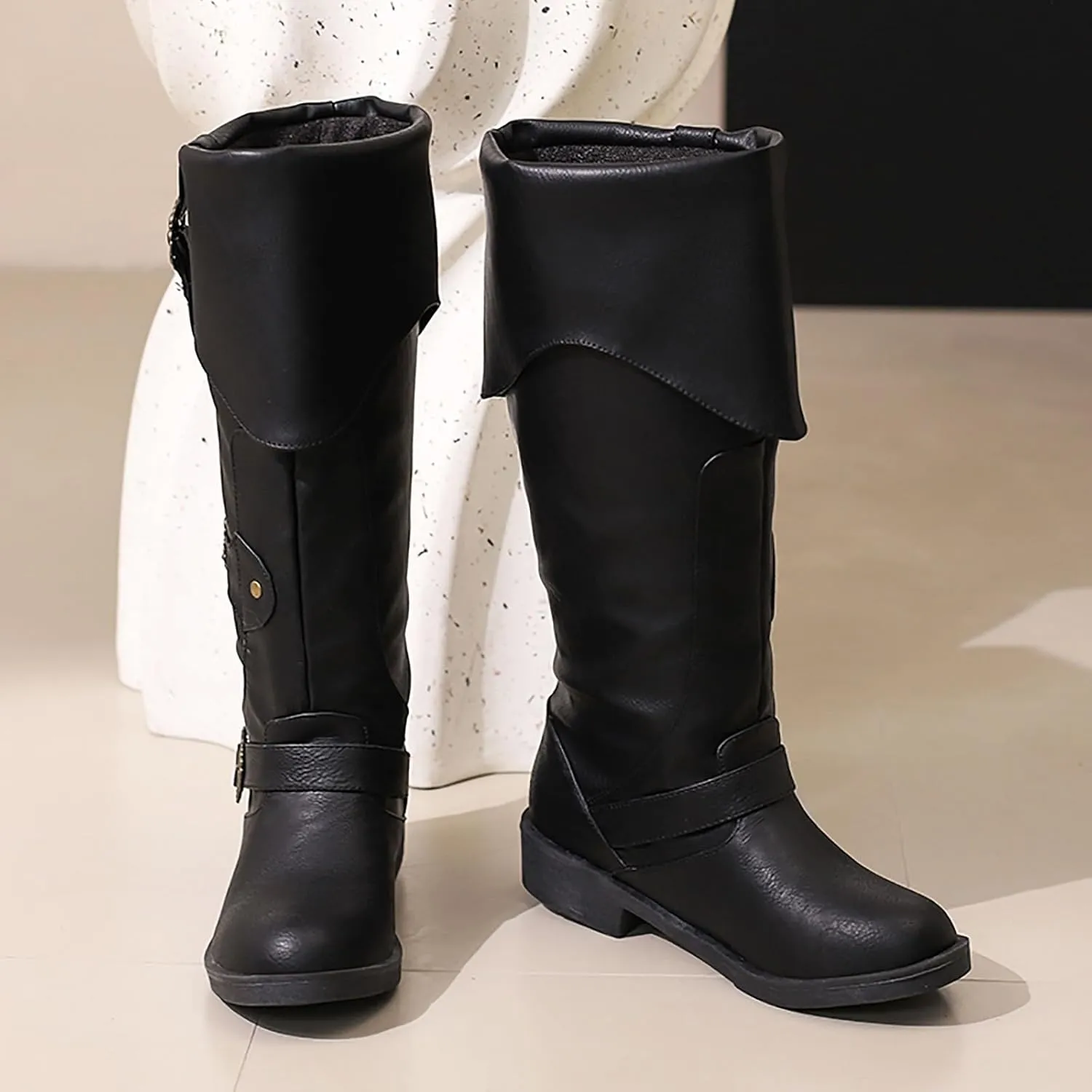 Mid Calf Boots for Women Vintage Foldover Pirate Costume Boots Goth Buckle Strap Leather Boots Stylish Cosplay Shoes