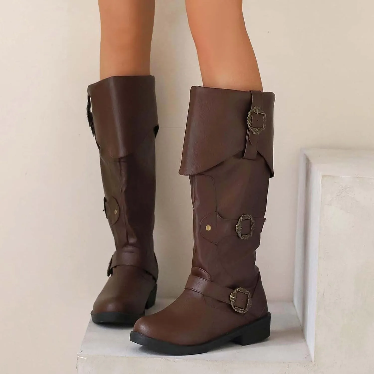 Mid Calf Boots for Women Vintage Foldover Pirate Costume Boots Goth Buckle Strap Leather Boots Stylish Cosplay Shoes