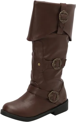 Mid Calf Boots for Women Vintage Foldover Pirate Costume Boots Goth Buckle Strap Leather Boots Stylish Cosplay Shoes