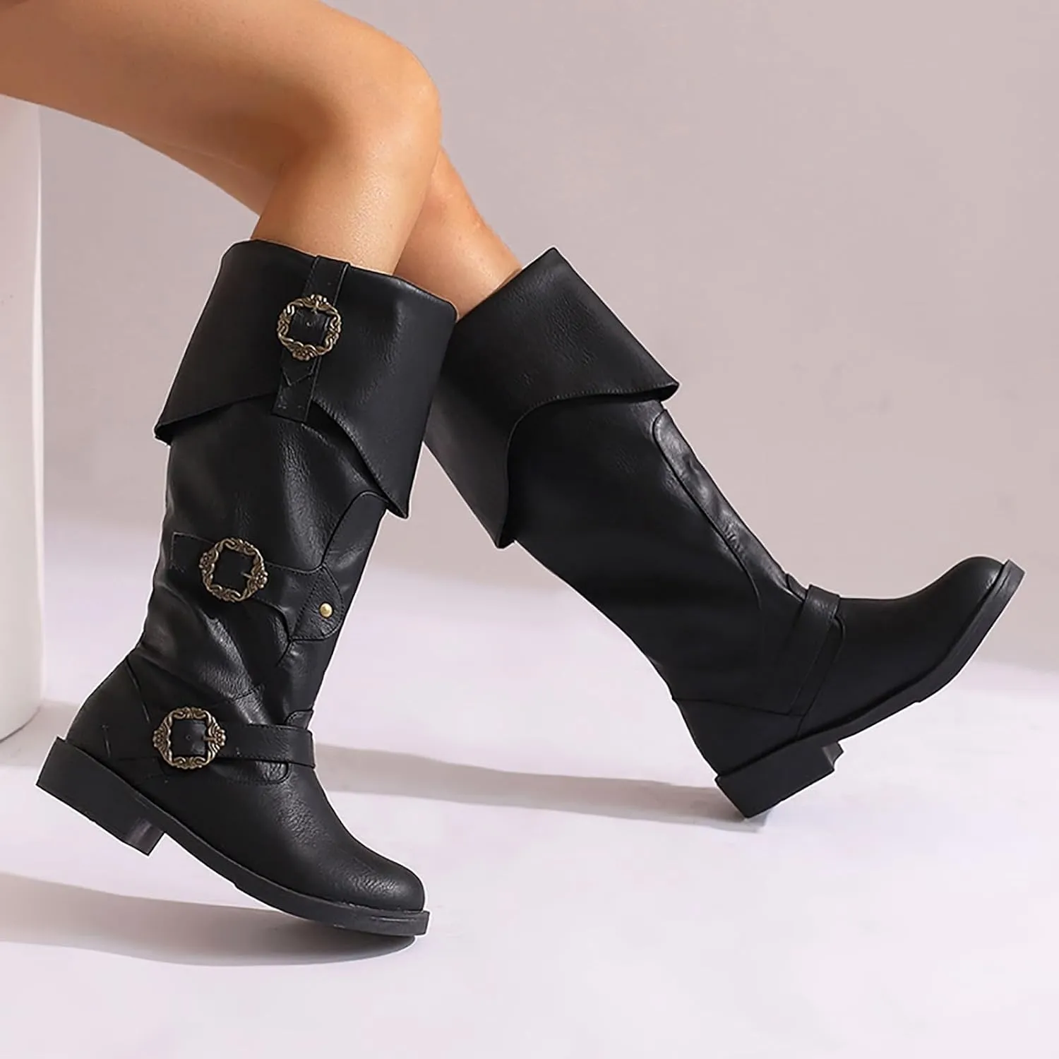 Mid Calf Boots for Women Vintage Foldover Pirate Costume Boots Goth Buckle Strap Leather Boots Stylish Cosplay Shoes