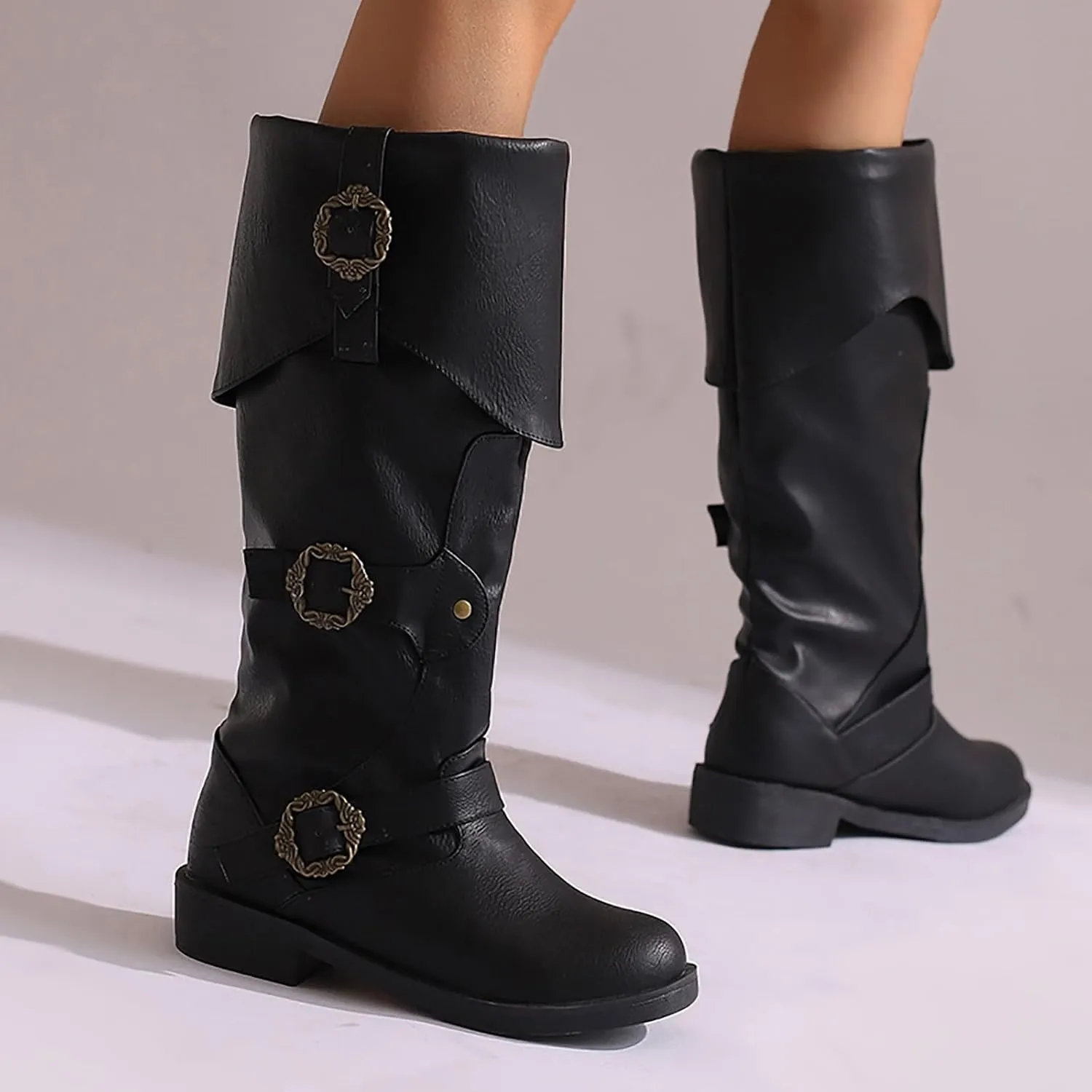 Mid Calf Boots for Women Vintage Foldover Pirate Costume Boots Goth Buckle Strap Leather Boots Stylish Cosplay Shoes