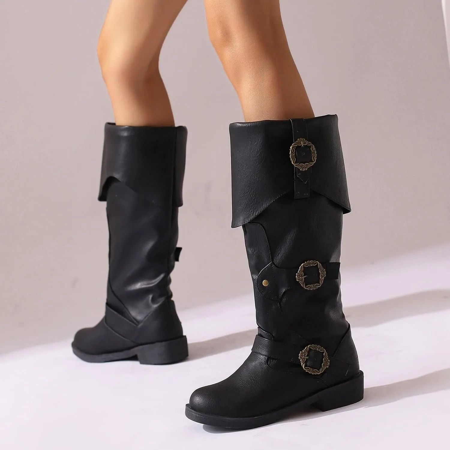 Mid Calf Boots for Women Vintage Foldover Pirate Costume Boots Goth Buckle Strap Leather Boots Stylish Cosplay Shoes
