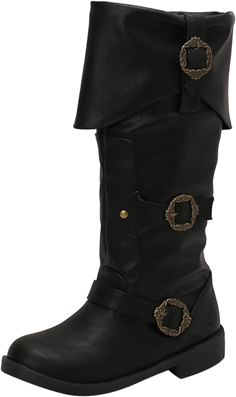 Mid Calf Boots for Women Vintage Foldover Pirate Costume Boots Goth Buckle Strap Leather Boots Stylish Cosplay Shoes