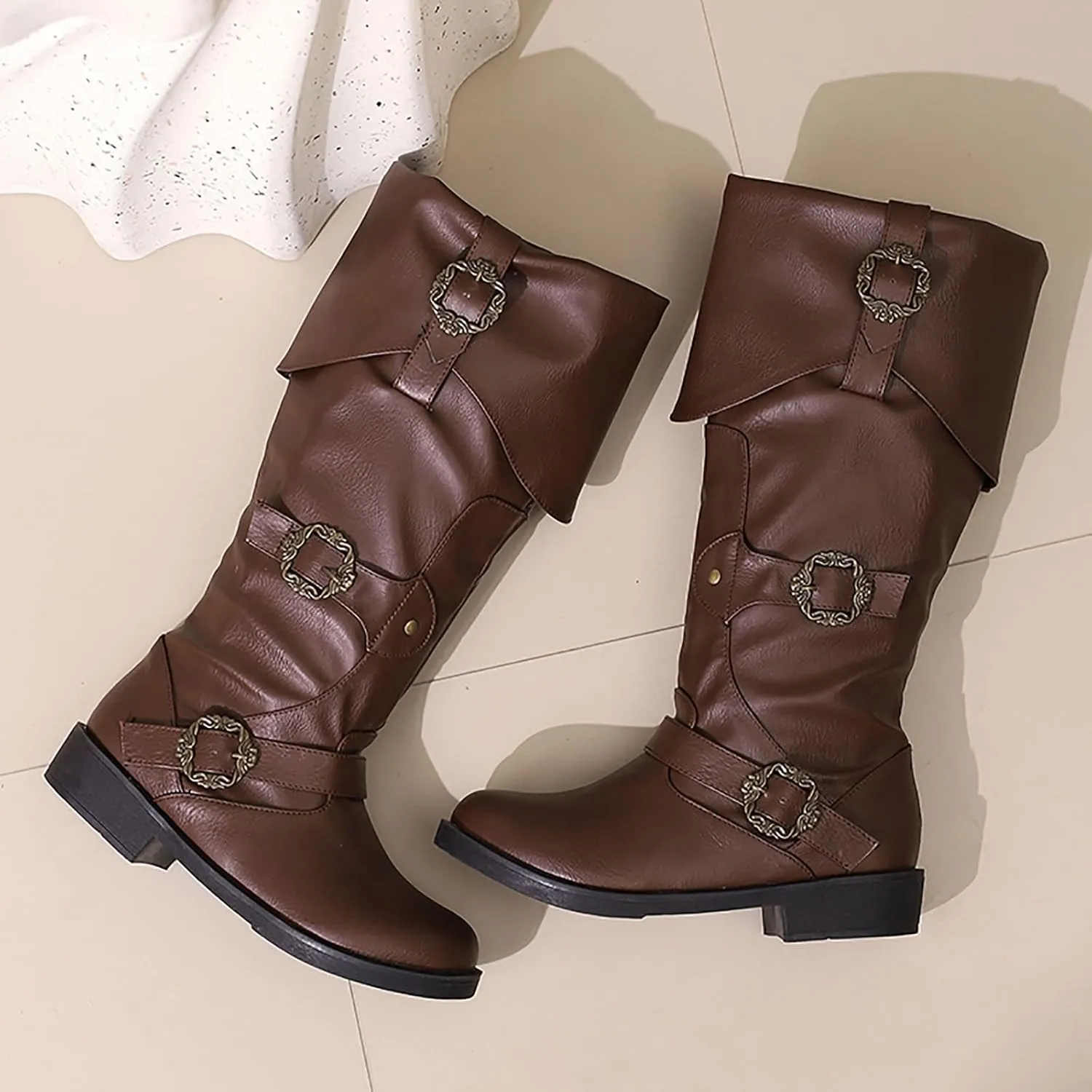 Mid Calf Boots for Women Vintage Foldover Pirate Costume Boots Goth Buckle Strap Leather Boots Stylish Cosplay Shoes
