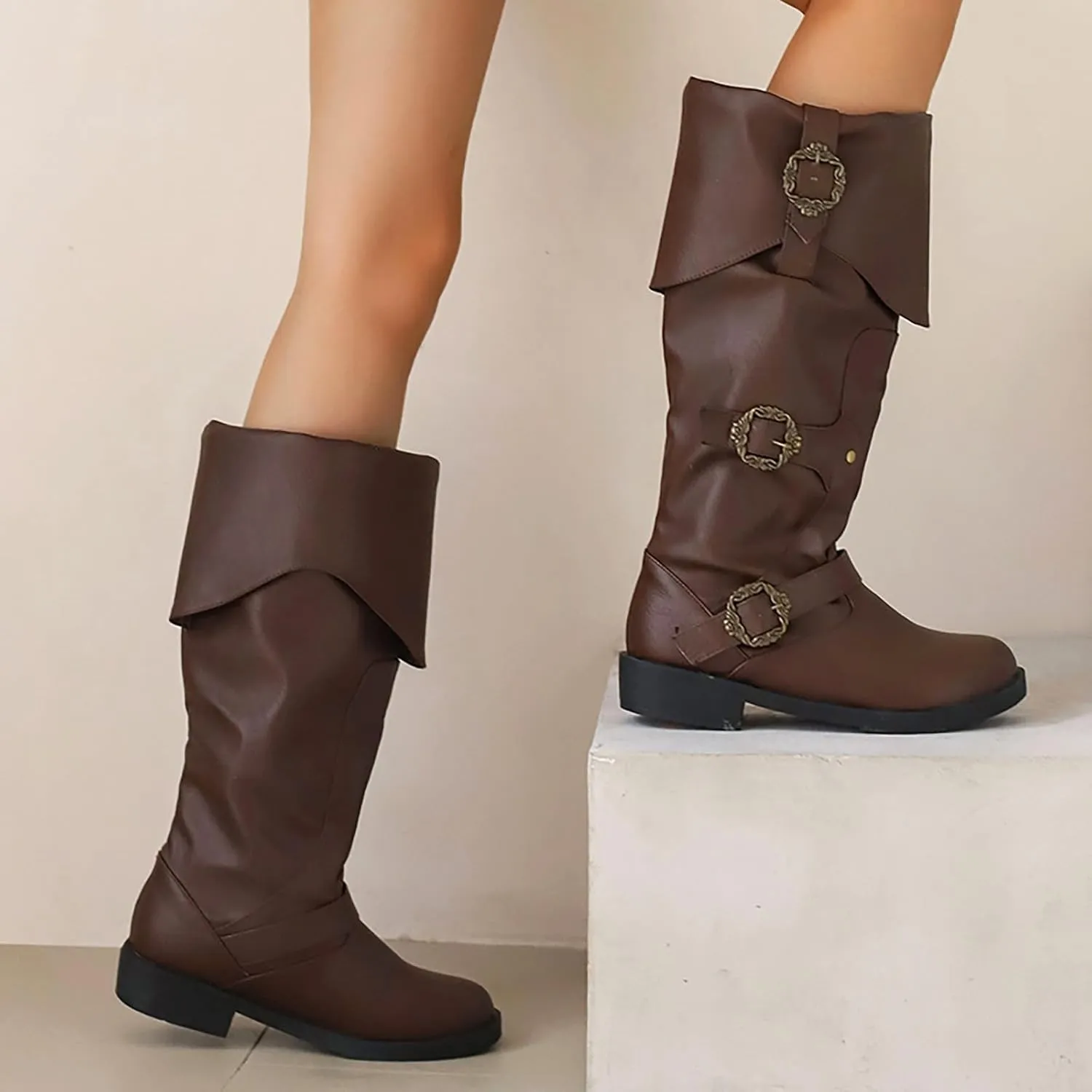 Mid Calf Boots for Women Vintage Foldover Pirate Costume Boots Goth Buckle Strap Leather Boots Stylish Cosplay Shoes