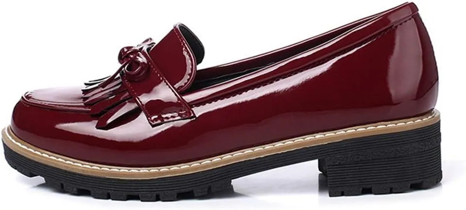 MIOKE Women's Classic Pearls Flat Penny Loafers Patent Leather Slip On Low Heel School Uniform Oxford Shoes