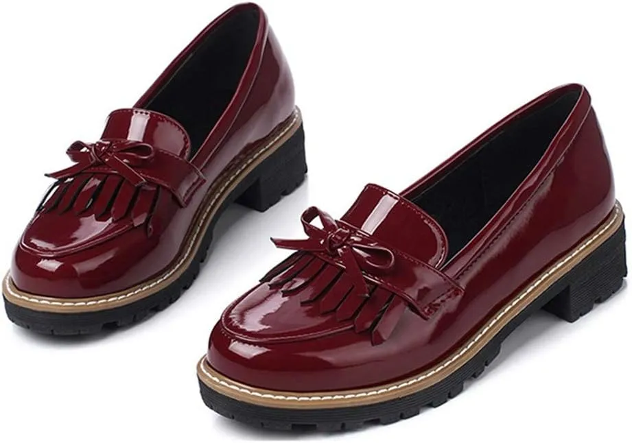 MIOKE Women's Classic Pearls Flat Penny Loafers Patent Leather Slip On Low Heel School Uniform Oxford Shoes