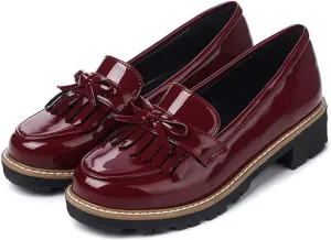 MIOKE Women's Classic Pearls Flat Penny Loafers Patent Leather Slip On Low Heel School Uniform Oxford Shoes