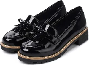 MIOKE Women's Classic Pearls Flat Penny Loafers Patent Leather Slip On Low Heel School Uniform Oxford Shoes