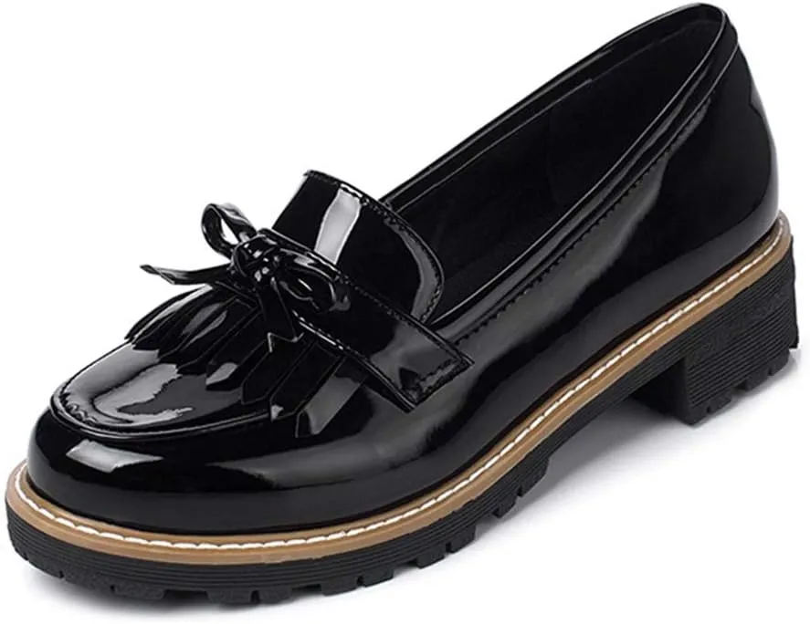 MIOKE Women's Classic Pearls Flat Penny Loafers Patent Leather Slip On Low Heel School Uniform Oxford Shoes