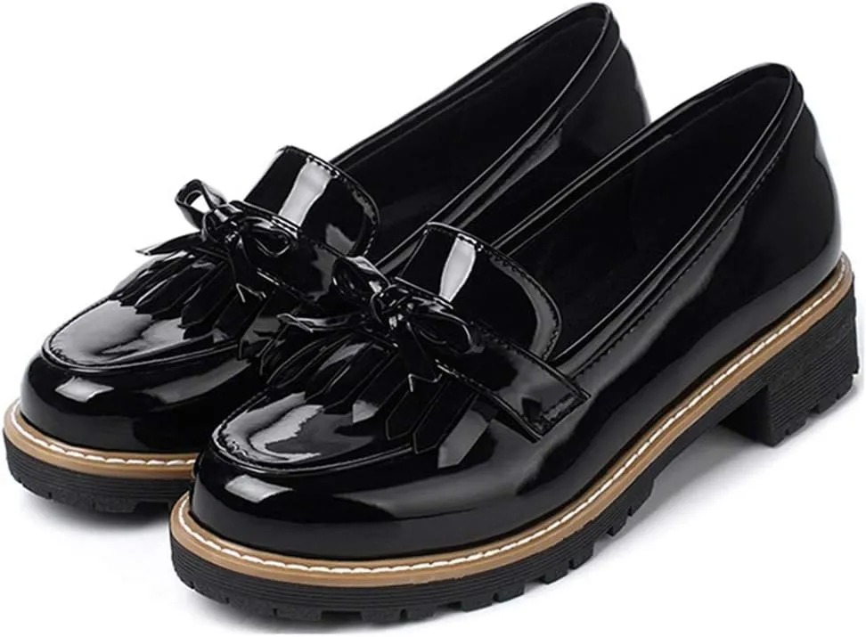MIOKE Women's Classic Pearls Flat Penny Loafers Patent Leather Slip On Low Heel School Uniform Oxford Shoes