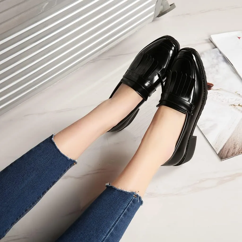 MIOKE Women's Classic Penny Loafers Pointed Toe Patent Leather Slip On Low Heel Western School Oxford Shoes