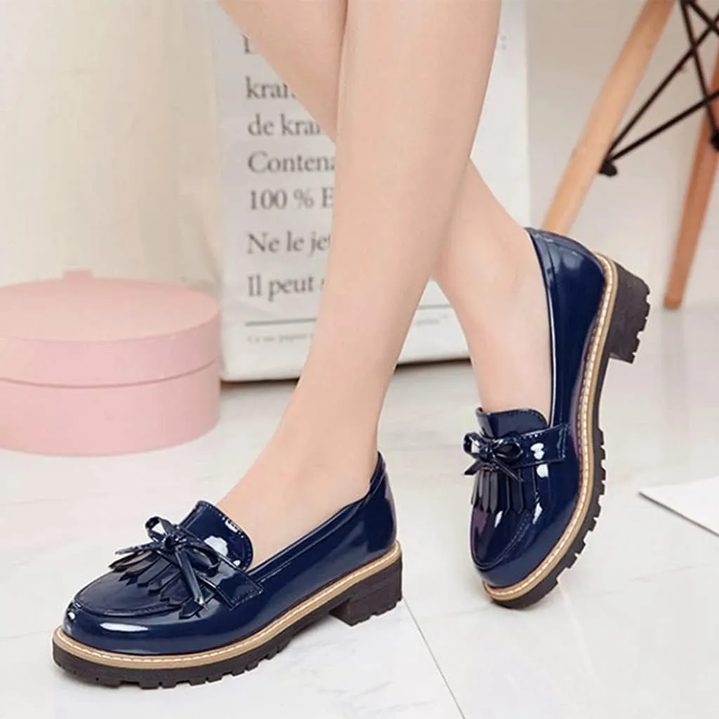MIOKE Women's Classic Tassel Flat Oxford Shoes Patent Leather Slip On Low Heel Bow Tie School Penny Loafers