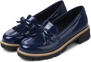 MIOKE Women's Classic Tassel Flat Oxford Shoes Patent Leather Slip On Low Heel Bow Tie School Penny Loafers