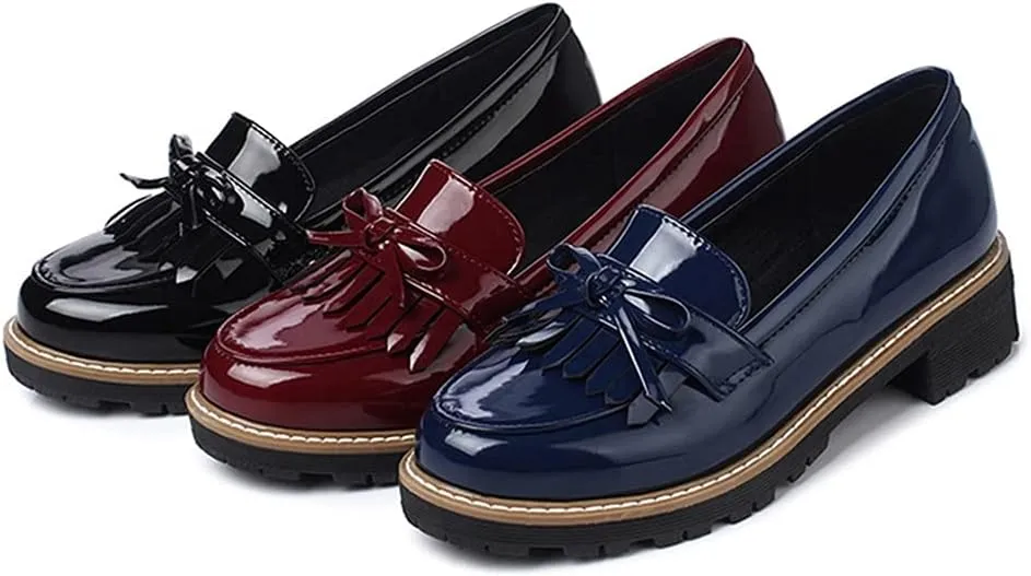 MIOKE Women's Classic Tassel Flat Oxford Shoes Patent Leather Slip On Low Heel Bow Tie School Penny Loafers